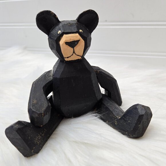 Other - Carved Wood Teddy Black Bear 6” Legs and Arms Move Cabin Woods Poseable Sitting